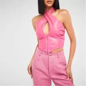 Image of Missguided Halterneck Faux Leather Corset Top - Pink
