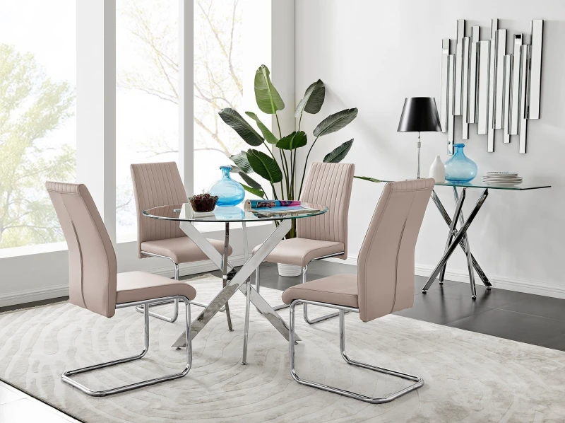 Image of FurnitureboxUK FurnitureboxUK Novara Clear Tempered Glass 100cm Round Dining Table with Chrome Starburst Legs & 4 Lorenzo Faux Leather Chairs in Beige