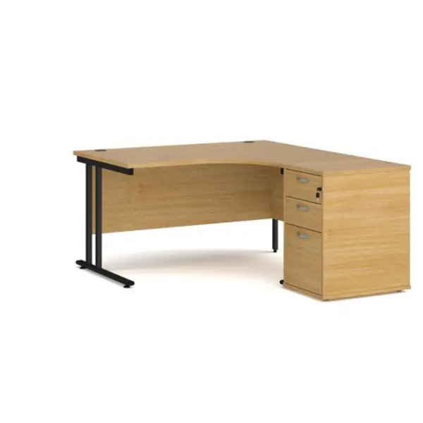 Image of Office Desk Right Hand Corner Desk 1400mm With Pedestal Oak Top With Black Frame Maestro 25