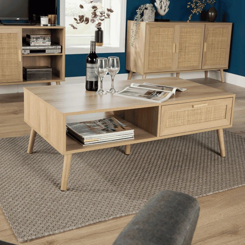 Image of Home Source Astbury Rattan Front 1 Drawer Open Shelving Coffee Table Solid Wooden Legs