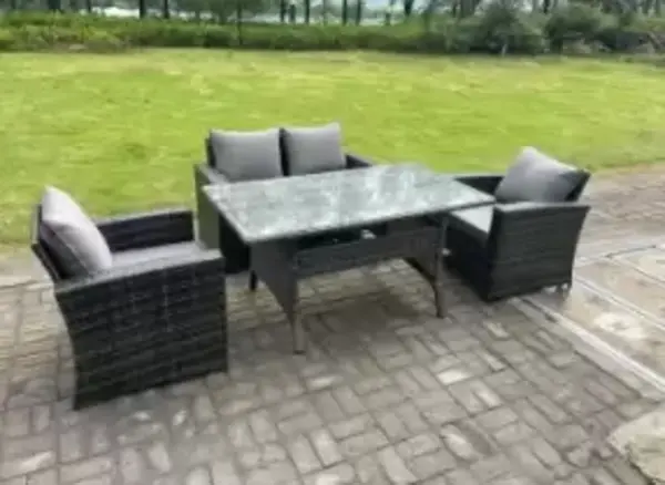 Image of Fimous 4 Seater Outdoor Dark Grey Rattan Lounge Complete Sofa Set with Dining Table and Arm Chairs