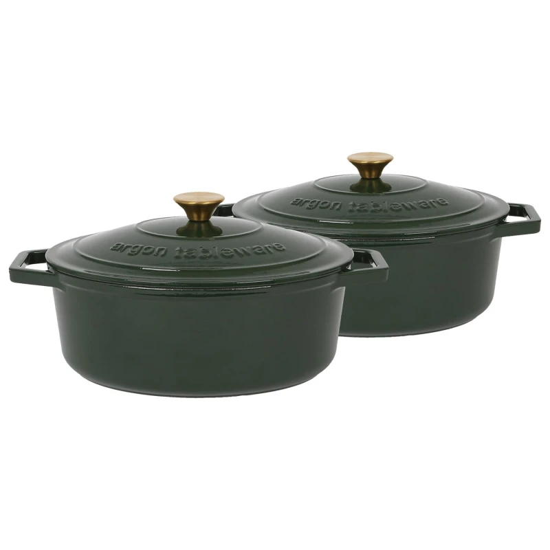 Image of Argon Tableware 2x Oval Cast Iron Casserole Dishes with Self Basting Lid - 4.68L in Green Green Unisex