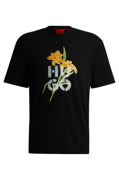Image of HUGO Red Dilablumi Floral Cotton-Jersey T-Shirt - M Black Tops male 50517841-001 M