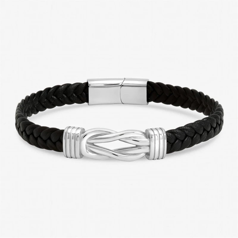 Image of Inicio Mens Black Plaited Bracelet - Gift Pouch Silver male One Size