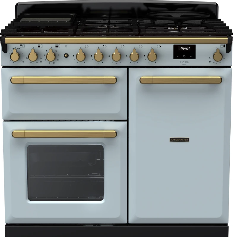 Image of Rangemaster Estel Deluxe ESDL100DFPMSB/AB1 100cm wide Dual Fuel Range Cooker with Gas Hob - Misty Blue / Antique Brass - A/A Rated
