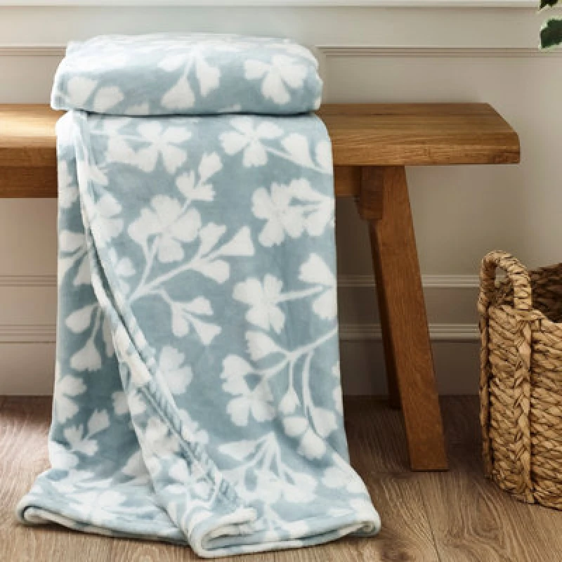 Image of Catherine Lansfield Brooke Floral Cosy Fleece 200X240Cm Blanket Throw Duck Egg Blue