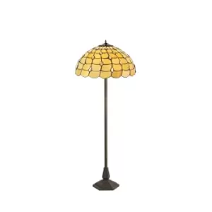 Image of 2 Light Octagonal Floor Lamp E27 With 50cm Tiffany Shade, Beige, Clear Crystal, Aged Antique Brass