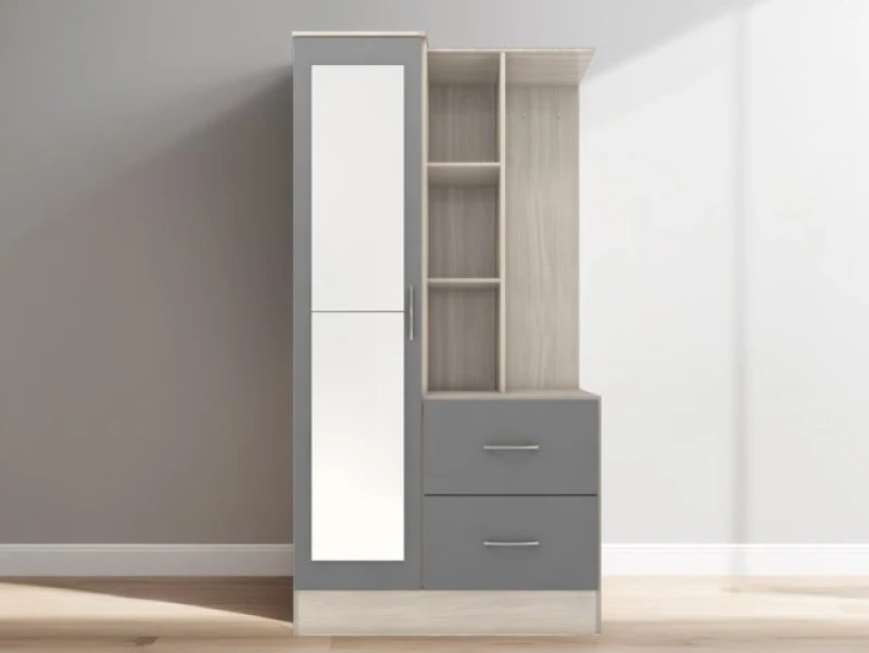 Image of Seconique Nevada Grey Gloss and Oak 1 Door 2 Drawer Mirrored Shelving Wardrobe