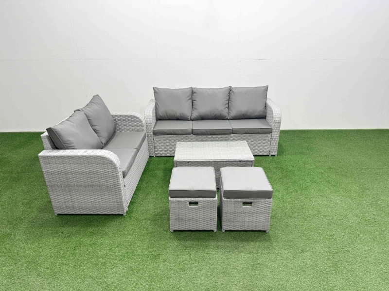 Image of Fimous 7 Seater PE Rattan Wicker Garden Furniture Patio Conservatory Sofa Set with Rectangular Coffee Table 3 Seater Sofa Love Sofa 2 Stools Light Gre