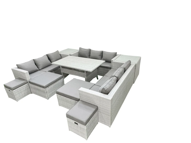 Image of Fimous Rattan Garden Furniture Dining Set 13 Seater Lounge Sofa Dining Table Set with 4 Footstools 2 Side Tables Light Grey Mixed Light Grey