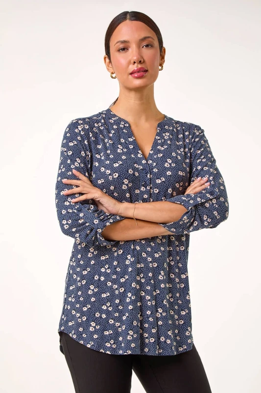 Image of Roman Stretch Ditsy Floral Buttoned Top Grey female