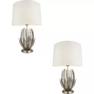 Image of 2 PACK Ornate Silver Table Lamp Ivory Cotton Fabric Shade Decorative Leaf Design