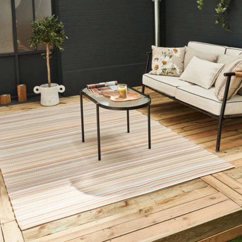 Image of THE RUGS Waterproof Plastic Outdoor Rugs for Garden Patio Balcony Camping - Striped - Rainbow 1020 Beige Size: 150cm x 220cm Beige Unisex 150cm x