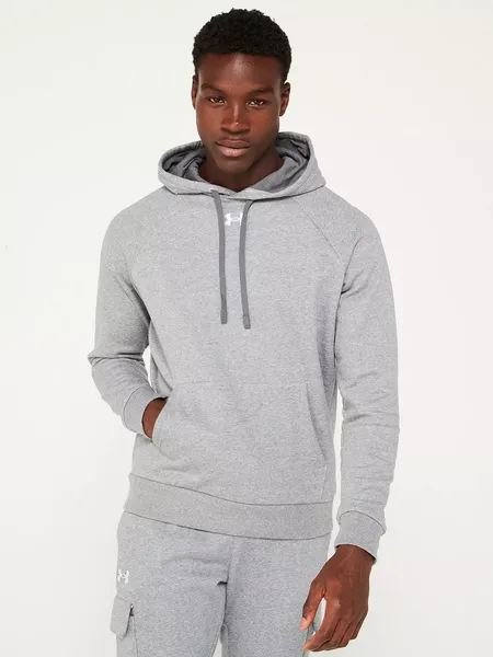 Image of Under Armour Mens Rival Cotton Blend Fleece Logo Hoodie S - Chest 34-36' (86.4-91.4cm) Castlerock Light Heather/White 1379757-025-S