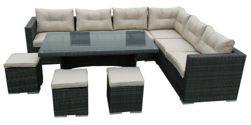 Image of FURNITURE ONE 9 Seater Rattan Garden Corner Sofa Conversation Furniture Set w Cushions in Dark Brown Dark Brown Unisex