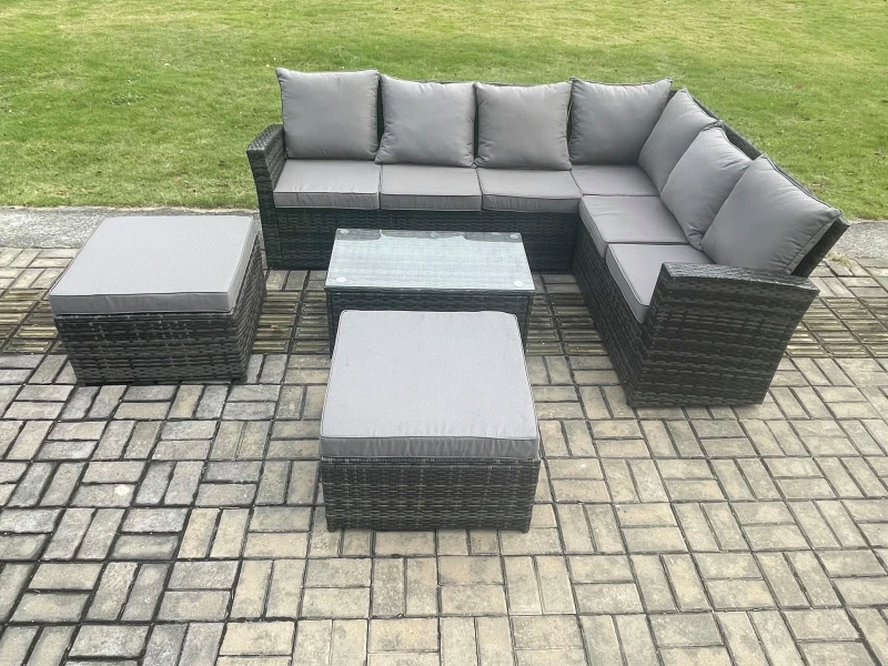 Image of Fimous Wicker PE Outdoor Garden Furniture Set High Back Rattan Corner Sofa Set with Rectangular Coffee Table 2 Big Footstool in Dark Grey Dark Grey Un