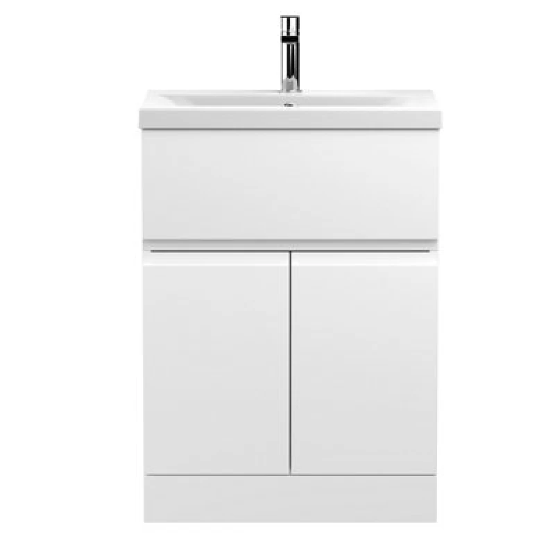 Image of Nuie Hudson Reed Urban Floor Standing 2 Door 1 Drawer Vanity Unit With Mid-Edge Basin, Durable Modern Vanity Unit In Satin White, 600mm
