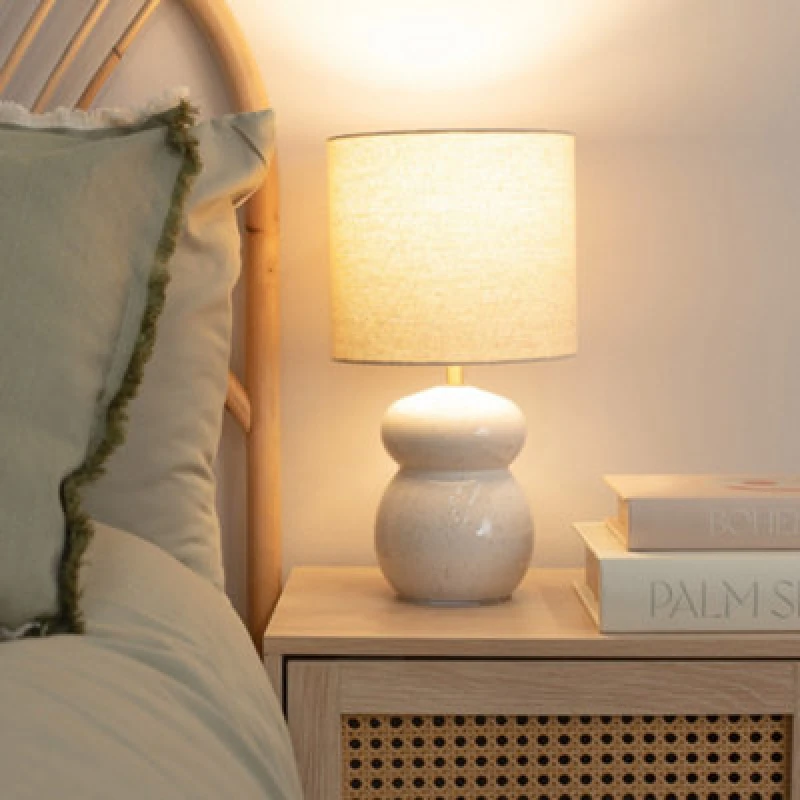 Image of ValueLights ValueLights Kendal Natural Linen Drum Shade Glazed Ceramic Table Lamp in Off White Off White One Size Unisex 5016529271673