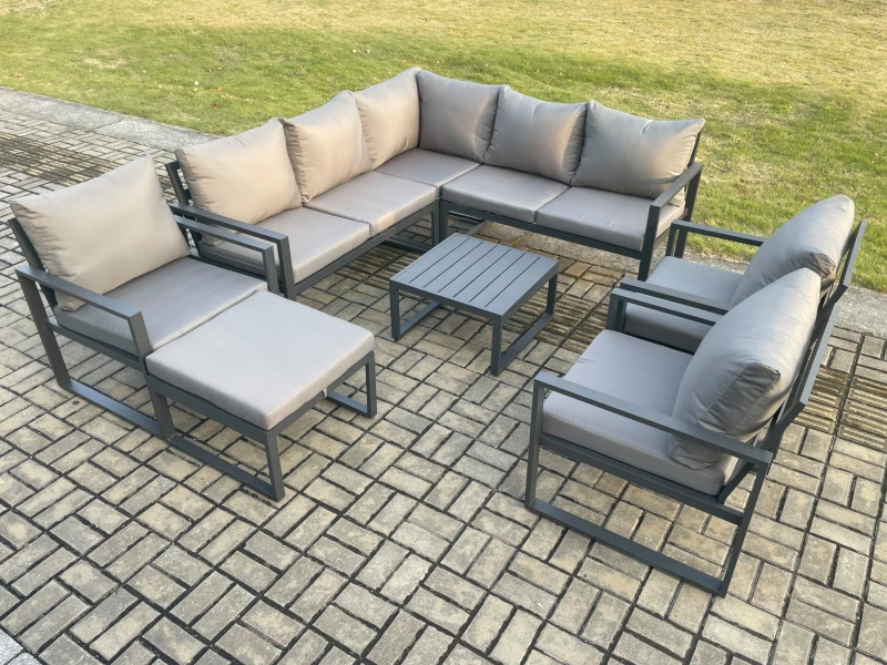 Image of Fimous 9 Seater Outdoor Aluminium Garden Furniture Set Corner Lounge Sofa Set with Square Coffee Table Chair Big Footstool Dark Grey Dark Grey Unisex