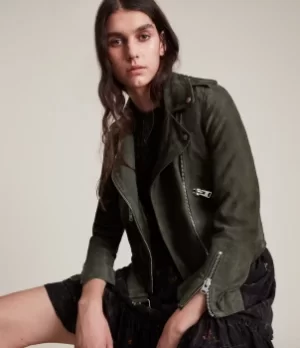 Image of AllSaints Womens Balfern Suede Biker Jacket, Emerald Green, Size: 12