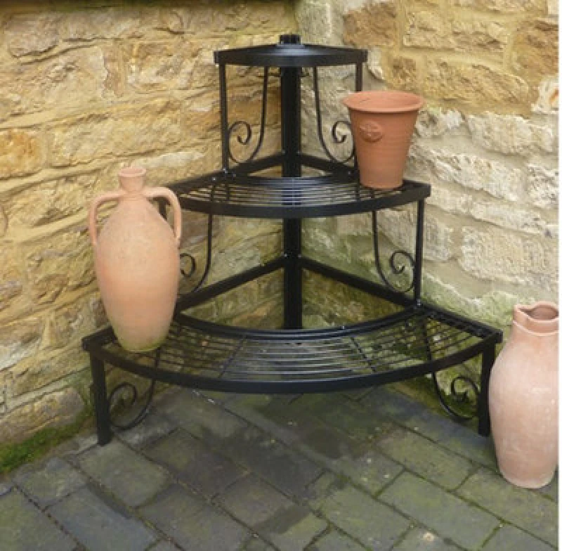 Image of Poppy Forge 3 Tier Corner Stand - Decorative Garden Shelf - Solid Steel - L63.5 X W82.5 X H76.2cm - Black