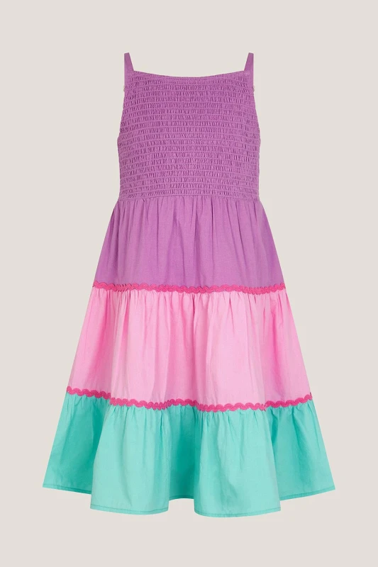 Image of Monsoon Girl's Sleeveless Smocked Colourblock Dress in Pink Size: 12-13 Years Pink Female 12-13 Years