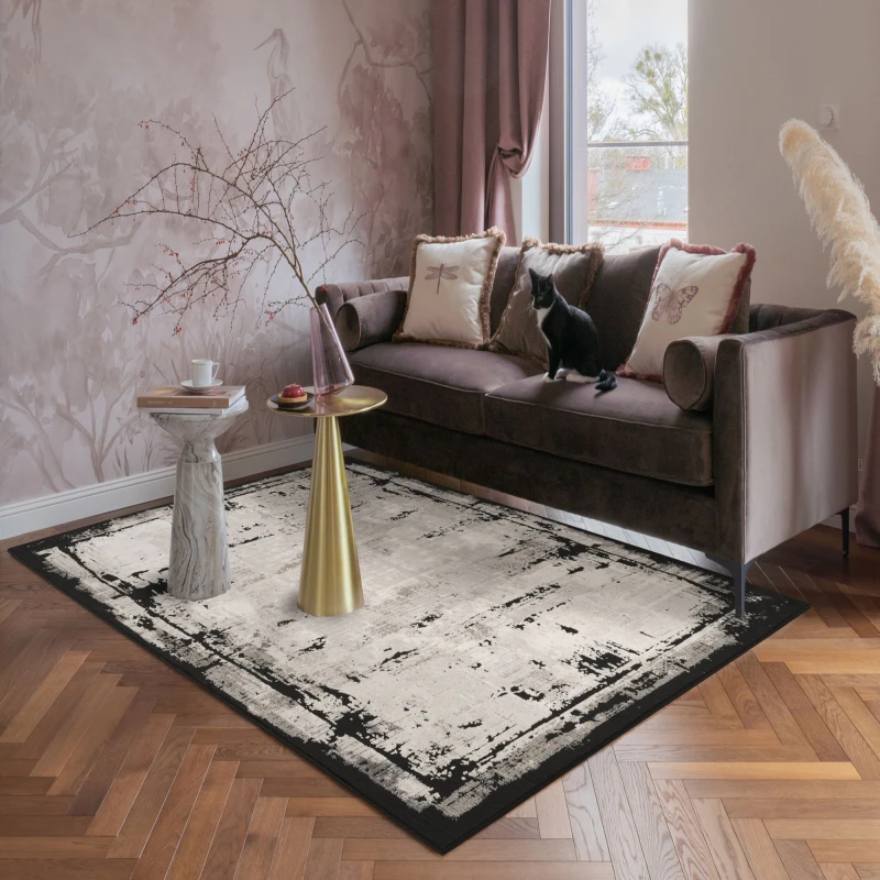 Image of Mayfair Living Room Area Rug Metallic Sheen Contemporary Modern Frame Design - Black 120Cm X 170Cm