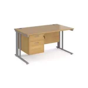Image of Office Desk Rectangular Desk 1400mm With Pedestal Oak Top With Silver Frame 800mm Depth Maestro 25 MCM14P2SO