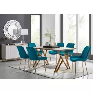 Image of Furniture Box Taranto Oak Effect Dining Table and 6 Blue Pesaro Gold Leg Chairs