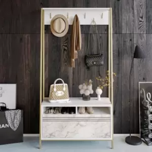 Image of Decorotika Devin Hat And Coat Stand Hallway Shoe Rack And Bench With Storage Organiser With Metal Hooks,Metal Frame-White Marble Pattern And Gold