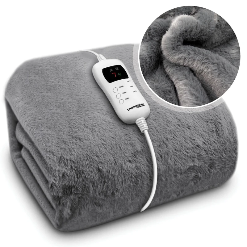 Image of Dreamcatcher Electric Heated Blanket Throw Soft Fleece Faux Fur Polyester Washable Overblanket 9 Timer & Heat Settings 160 x 130cm Dark Grey