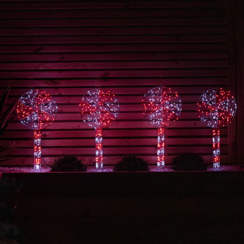 Image of Set of 4 60cm Light up Christmas Lollipop Garden Path Lights with 720 Red & White LEDs