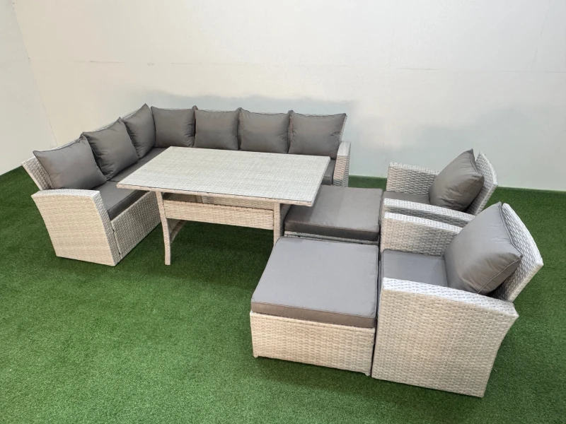Image of Fimous 10 Seater Rattan Garden Furniture Set Table 2 Chairs Big Footstools in Light Grey Light Grey Unisex