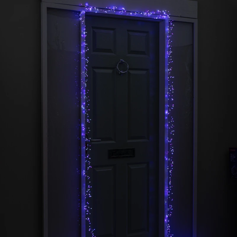 Image of 5.5m 800 LED UltraBrights Christmas Door Cluster Lights with Timer in Blue, Purple & White on Silver Wire