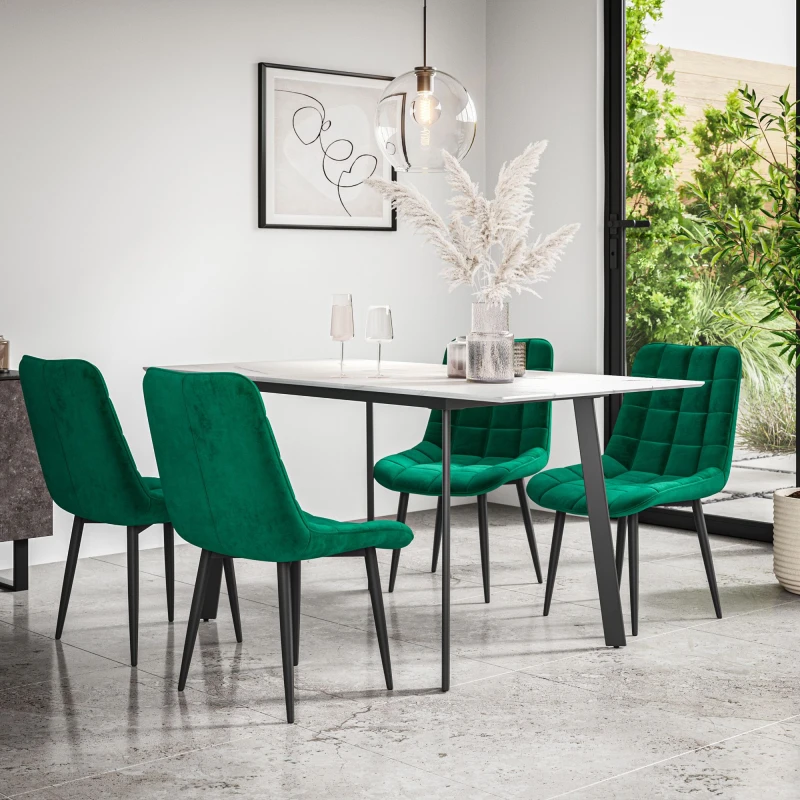 Image of More4Homes Haydon Extending Dining Table + Chairs- White Marble Effect Table Top W Black Legs + Nova Velvet Dining Chair Set Of 6 (Green)