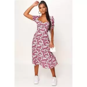 Image of I Saw It First Pink Woven Floral Print Puff Sleeve Button Front Midi Dress - Pink