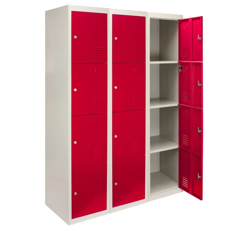 Image of MonsterShop 3 X Metal Storage Lockers - Four Doors, Red