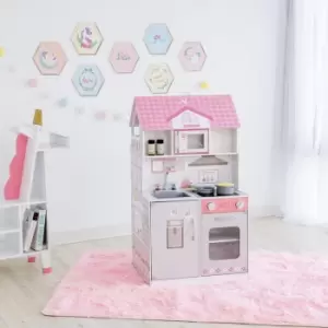 Image of Olivia's Little World 2-in-1 Dolls House Play Kitchen Toy Kitchen With Doll Furniture And Kitchen Accessories TD-12515P - Pink / Grey