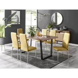 Image of Furniturebox Kylo Brown Wood Effect Dining Table & 6 Mustard Milan Velvet Dining Chairs Diamond Stitch Modern Contemporary Chrome Metal