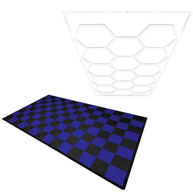 Image of Monstershop Hexagon LED Light & Vented Garage Floor Tiles With Edges - 60 Black & 60 Blue Black
