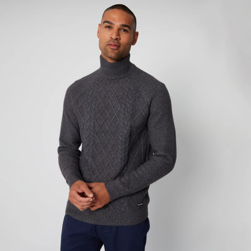 Image of Threadbare 'Ayres' Turtle Neck Cable Knit Jumper Charcoal