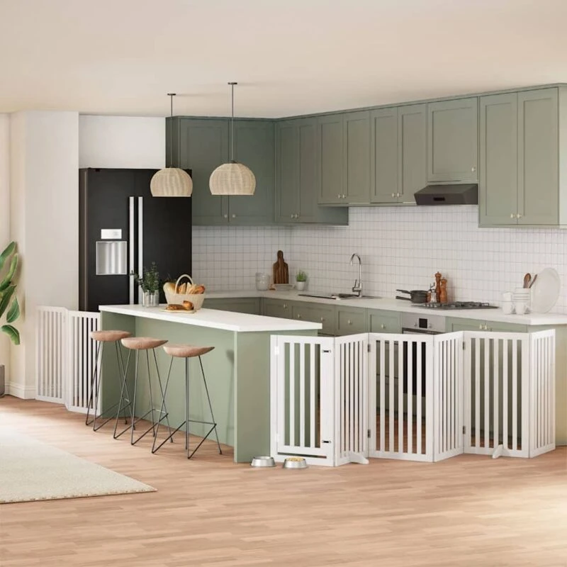 Image of vidaXL Dog Gate with Door Foldable 9 Panels White 450cm Poplar Wood, White 3155650