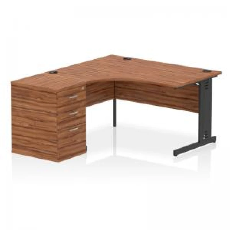 Image of Impulse Impulse 1400mm Left Crescent Office Desk Walnut Top Black Cable Managed Leg Workstation 600 Deep Desk High Pedestal IWSLC146BCMWNT