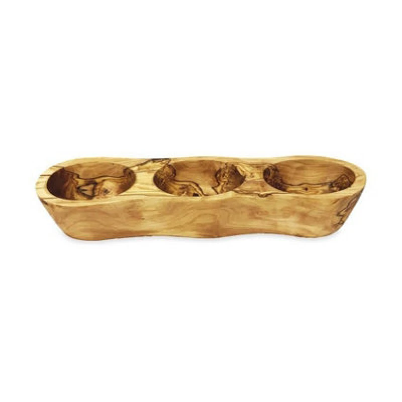 Image of Verano Spanish Ceramics Olive Wood Natural Grained Rustic Kitchen Dining 3 Section Snack Boat (L) 35cm Natural unisex
