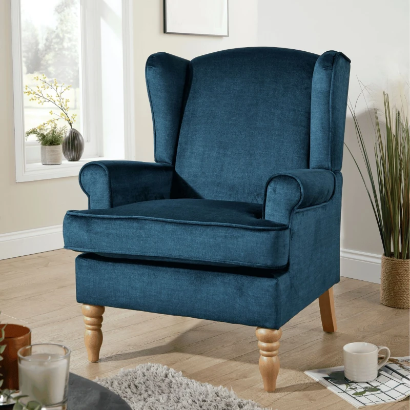 Image of Home Source Helena Fabric Dark Blue Wingback Occasional Armchair