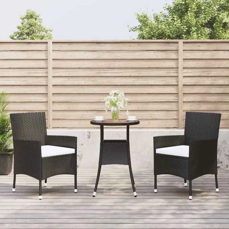 Image of VIDAXL 3 Piece Garden Bistro Set with Cushions Black Poly Rattan Vidaxl 8720845859640