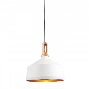 Image of 1 Light Dome Ceiling Pendant Matt White Paint, Light Effect Wood, E27