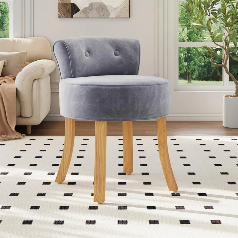 Image of Cottonfy UK Velvet Makeup Chair with Rubberwood Legs - Grey Grey M