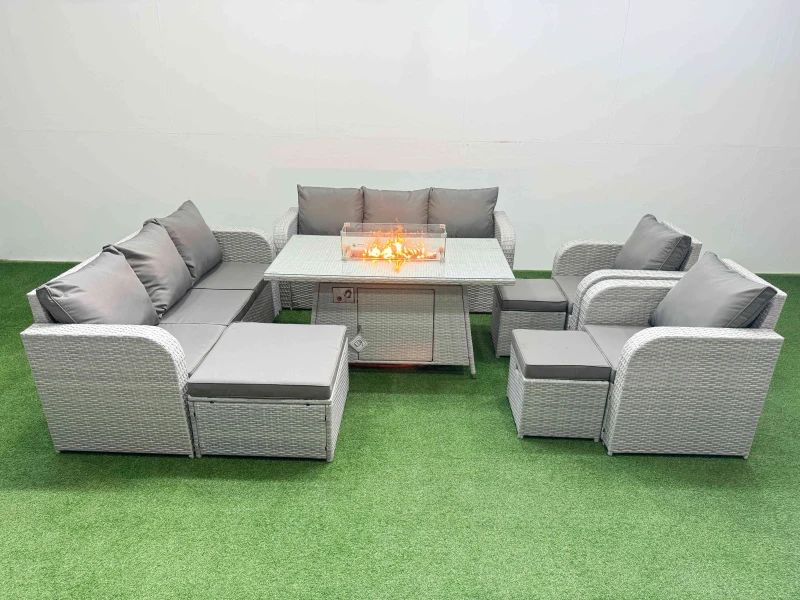 Image of Fimous PE Rattan High Back Lounge Sofa Set Patio Firepit Dining Table & Chairs Set with 3 Seater Sofa Reclining Chair 3 Stools Light Grey Light Grey