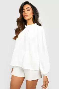 Image of Dobby Ruffle Neck Long Sleeve Blouse